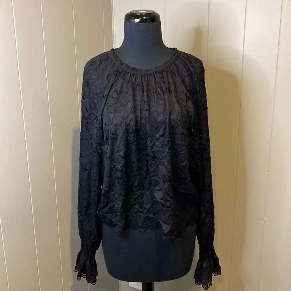 Free People Women's Small Olivia Lace Blouse Black Stretchy Soft